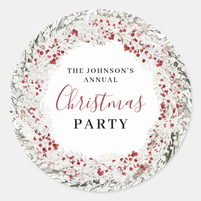 Christmas Party Watercolor Wreath Classic Round Sticker (Front)