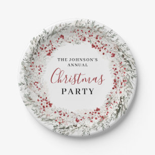 Christmas Party Watercolor Wreath Paper Plate