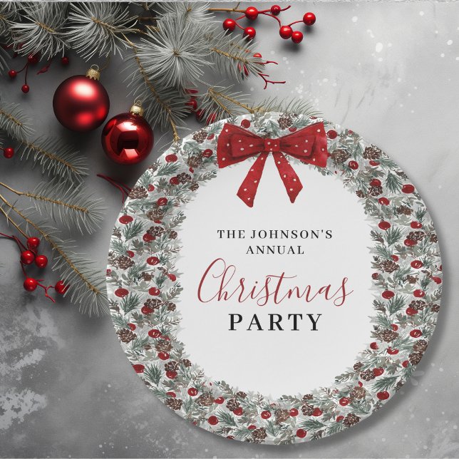 Christmas Party Watercolor Wreath Paper Plate (Christmas Party Watercolor Wreath Paper Plates)