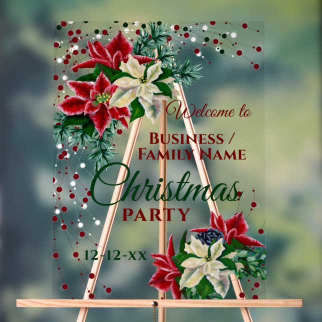 Christmas Party Welcome Floral Poinsettia Winter Acrylic Sign (Neutral)