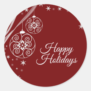Christmas Party White Ornaments Stars Red Elegant Classic Round Sticker