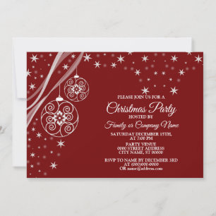 Christmas Party White Ornaments Stars Red Elegant Invitation