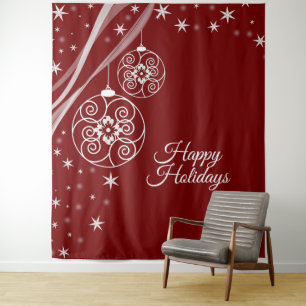 Christmas Party White Ornaments Stars Red Elegant Tapestry