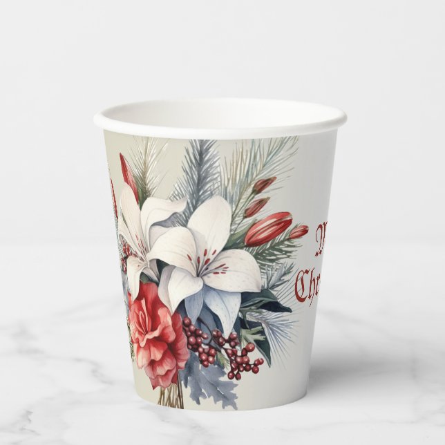 Christmas party White Red Flowers Holidays Elegant Paper Cups (Front)