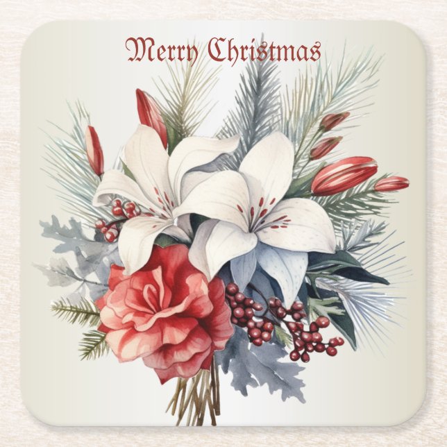Christmas Party White Red Flowers Holidays Elegant Square Paper Coaster (Front)