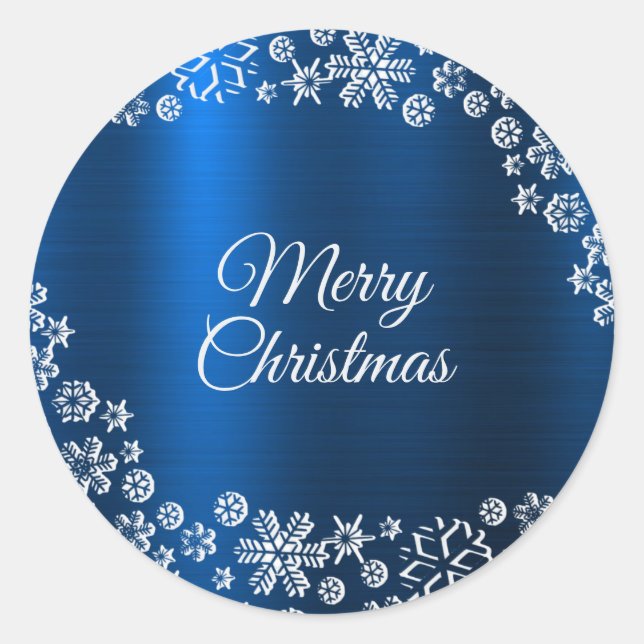Christmas Party White Snowflakes Nave Blue Classic Round Sticker (Front)