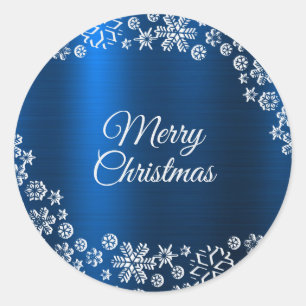 Christmas Party White Snowflakes Nave Blue Classic Round Sticker