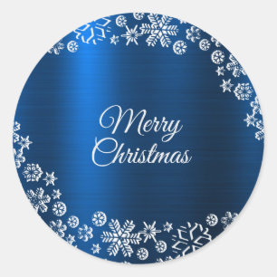 Christmas Party White Snowflakes Nave Blue Classic Round Sticker