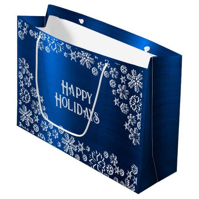 Christmas Party White Snowflakes Navy Blue Large Gift Bag (Front Angled)
