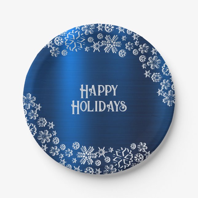 Christmas Party White Snowflakes Navy Blue Paper Plate (Front)