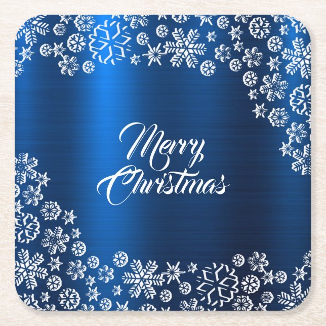Christmas Party White Snowflakes Navy Blue Square Paper Coaster (Front)