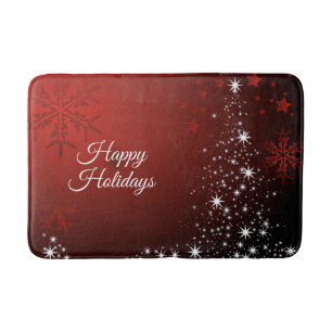 Christmas Party White Stars Tree Red Snowflakes Bath Mat