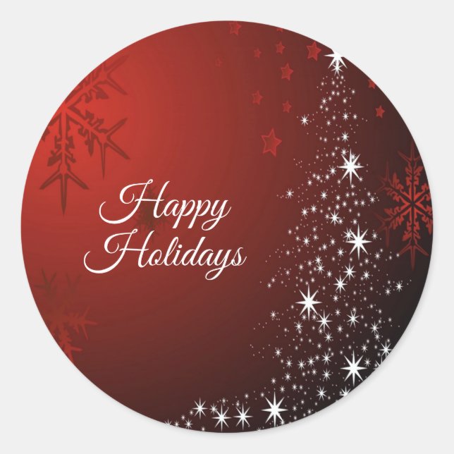 Christmas Party White Stars Tree Red Snowflakes Classic Round Sticker (Front)