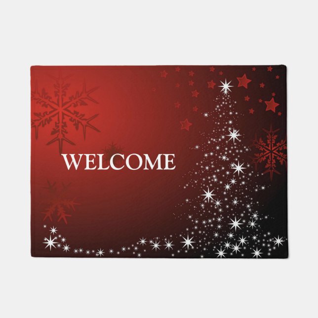 Christmas Party White Stars Tree Red Snowflakes Doormat (Front)