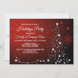 Christmas Party White Stars Tree Red Snowflakes Invitation