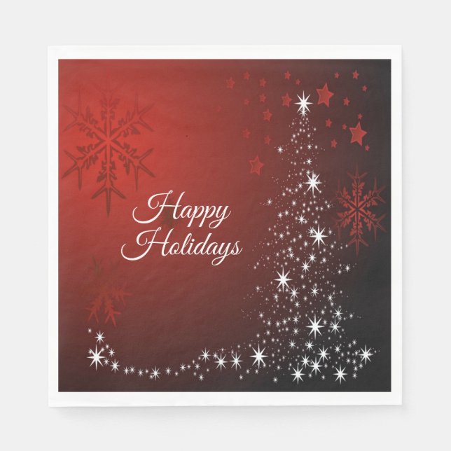 Christmas Party White Stars Tree Red Snowflakes Napkin (Front)