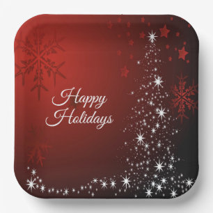 Christmas Party White Stars Tree Red Snowflakes Paper Plate