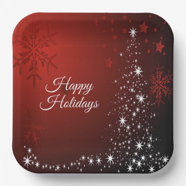 Christmas Party White Stars Tree Red Snowflakes Paper Plate (Front)
