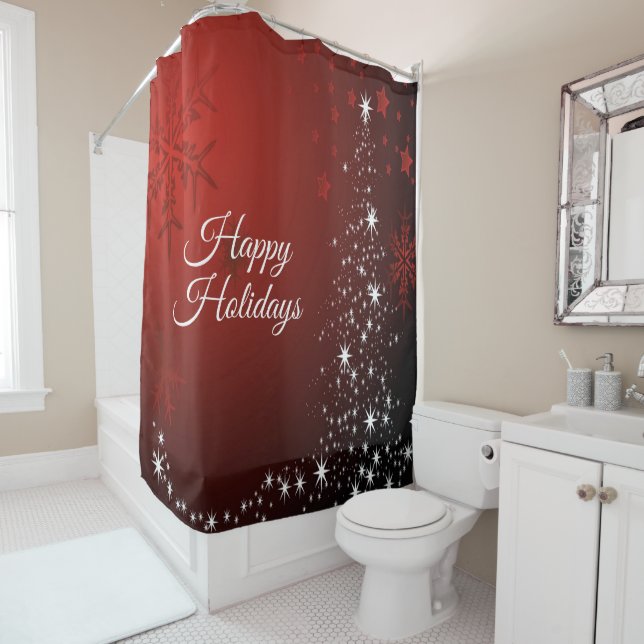 Christmas Party White Stars Tree Red Snowflakes Shower Curtain (In Situ)