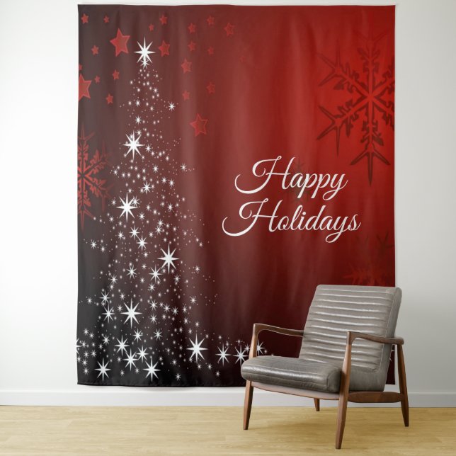 Christmas Party White Stars Tree Red Snowflakes Tapestry (In Situ)