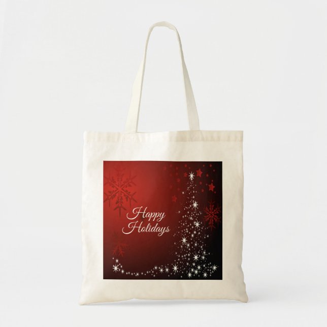 Christmas Party White Stars Tree Red Snowflakes Tote Bag (Front)