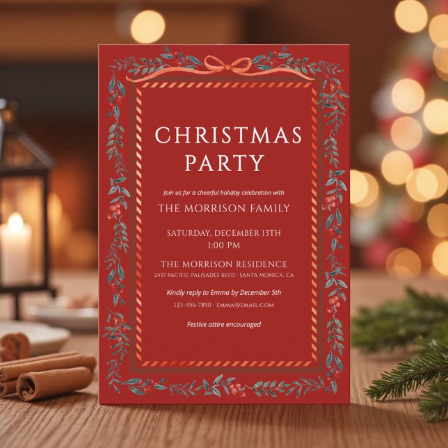 Christmas Party Winter Botanical Red Bow Holiday Invitation (Creator Uploaded)