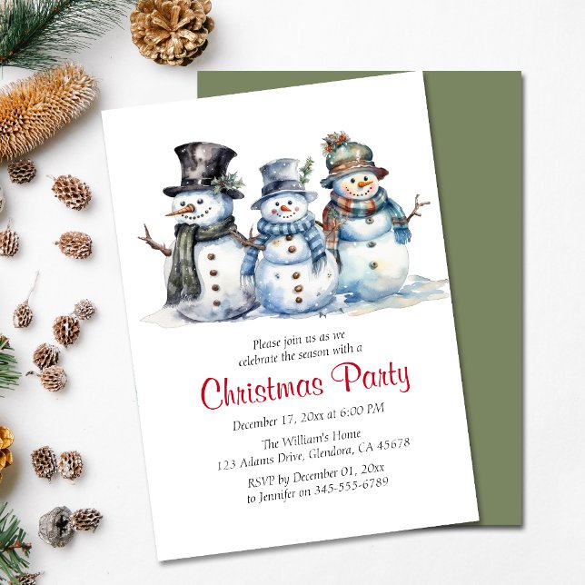 Christmas Party Winter Snowman Holiday Invitation (Invite your guests to your Christmas party with this warm and charming holiday-themed invitation!)