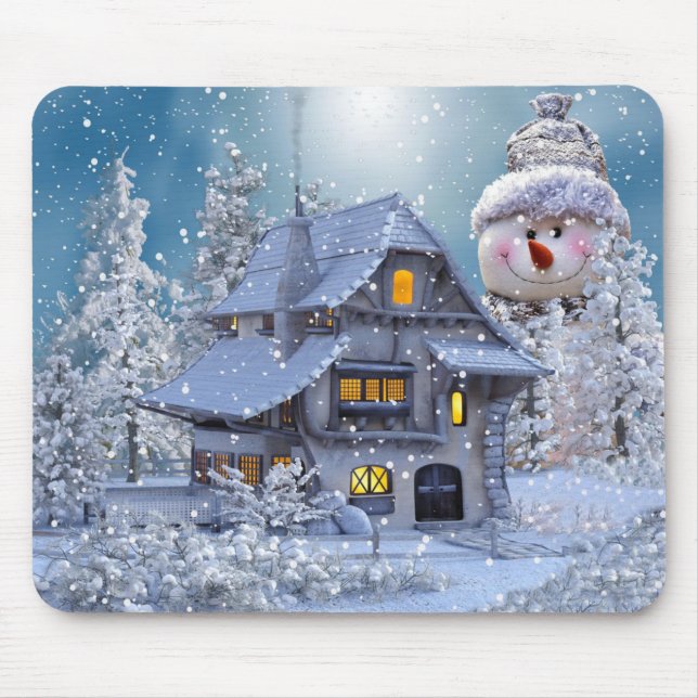 Christmas Party Winter White Snowman Blue Mouse Mat (Front)
