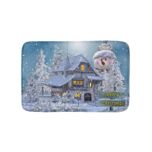 Christmas Party Winter White Snowman Blue Rustic Bath Mat