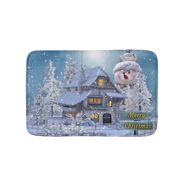 Christmas Party Winter White Snowman Blue Rustic Bath Mat (Front)