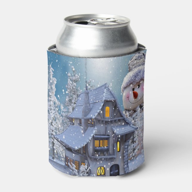 Christmas Party Winter White Snowman Blue Rustic Can Cooler (Can Front)