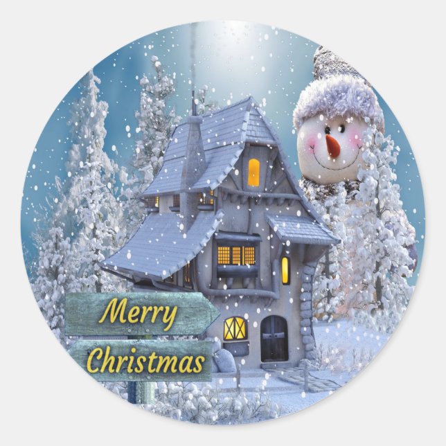 Christmas Party Winter White Snowman Blue Rustic Classic Round Sticker (Front)