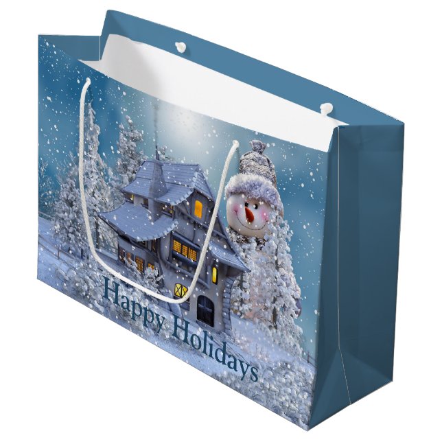 Christmas Party Winter White Snowman Blue Rustic Large Gift Bag (Front Angled)