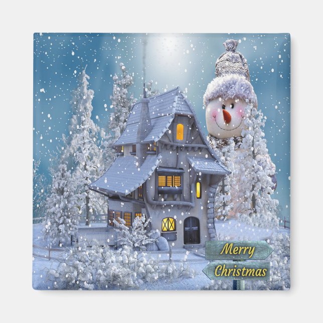 Christmas Party Winter White Snowman Blue Rustic Magnet (Front)