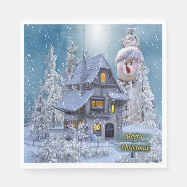 Christmas Party Winter White Snowman Blue Rustic Napkin (Front)