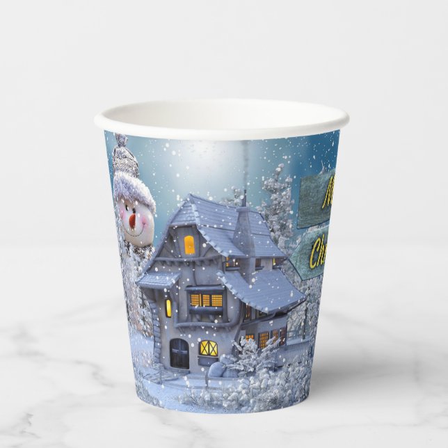 Christmas Party Winter White Snowman Blue Rustic Paper Cups (Front)