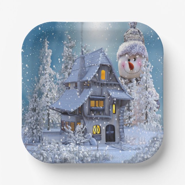 Christmas Party Winter White Snowman Blue Rustic Paper Plate (Front)