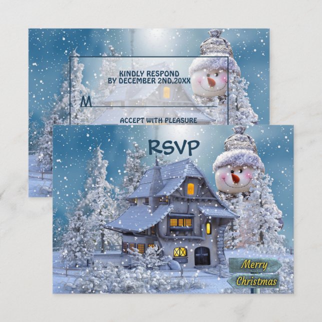 Christmas Party Winter White Snowman Blue Rustic RSVP Card (Front/Back)