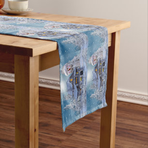 Christmas Party Winter White Snowman Blue Rustic Short Table Runner
