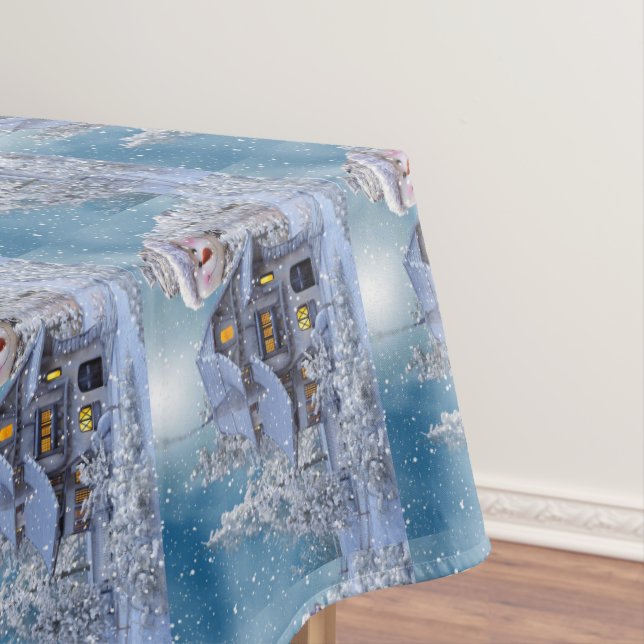 Christmas Party Winter White Snowman Blue Rustic Tablecloth (In Situ)