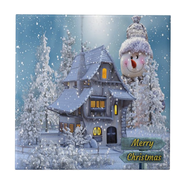 Christmas Party Winter White Snowman Blue Rustic Tile (Front)