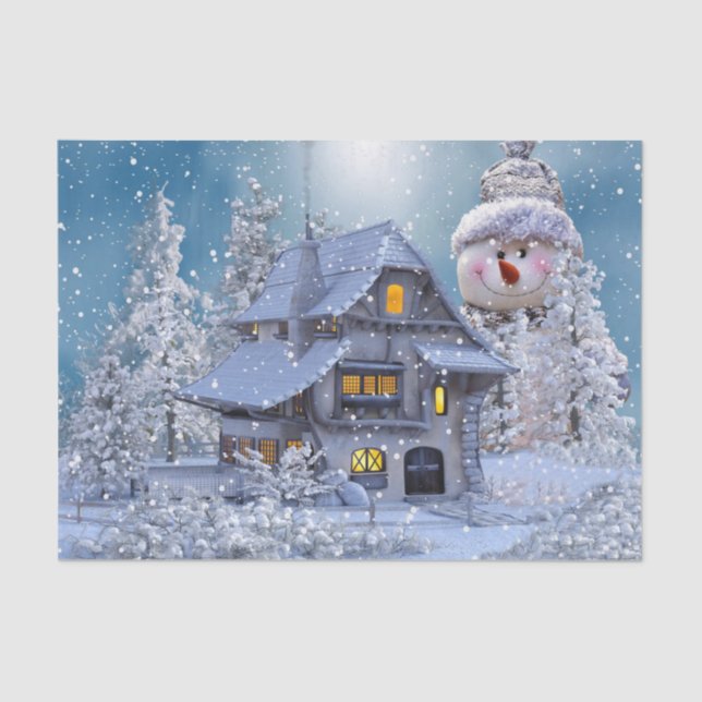 Christmas Party Winter White Snowman Blue Rustic Tissue Paper (Front)
