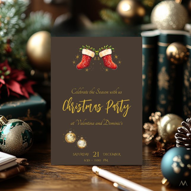 Christmas Party with Red Stockings on Taupe back Invitation (Creator Uploaded)