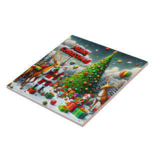 Christmas party with Santa and reindeer Tile