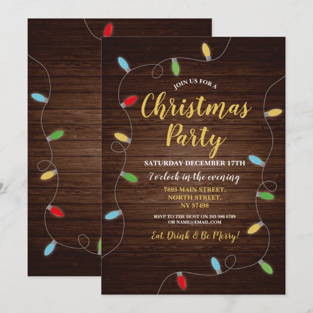 Christmas Party Wood Lights Festive Tree Invitation (Front/Back)