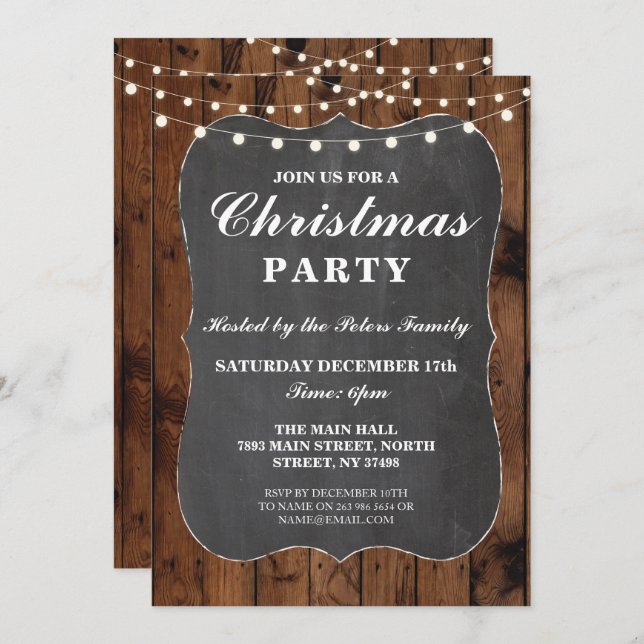 Christmas Party Wood Rustic Chalk Dinner Day Invitation (Front/Back)