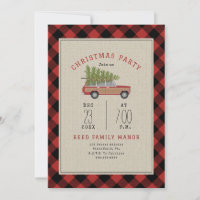 Christmas Party Wood Wagon Car Tree Plaid