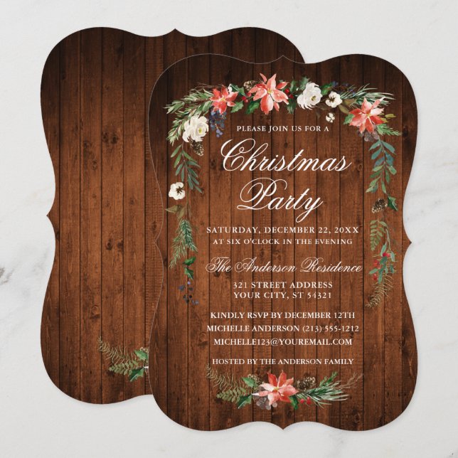 Christmas Party Wood Watercolor Poinsettia Invitation (Front/Back)