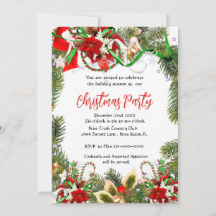  Christmas Party Wreath with Poinsettia  Invitation
