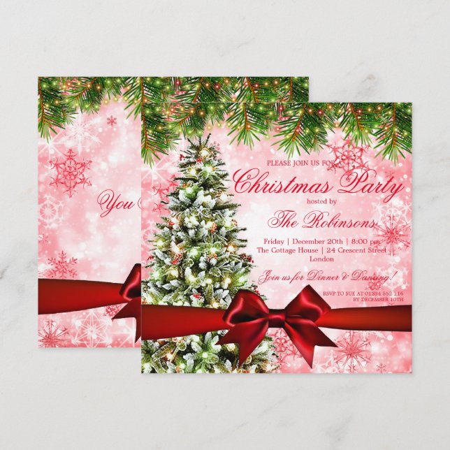 Christmas Party | Xmas Tree, Ribbon & Sparkles Red Invitation (Front/Back)